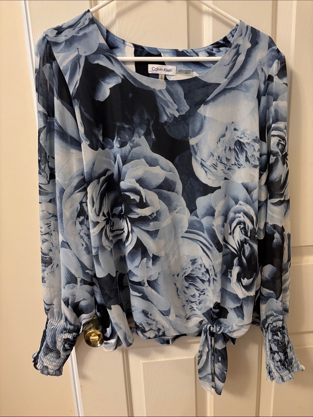 Calvin Klein Navy and Light Blue Floral Tie-Hem Blouse